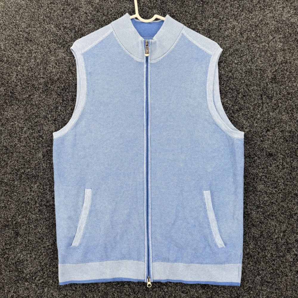 Tommy Bahama IslandZone Mens Full Zip Sweater Vest Blue Cotton CoolMax Golf L